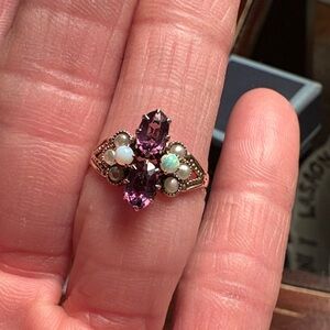 Vintage/Antique Amethyst, Opal, Seed Pearls Ring In Solid Yellow Gold